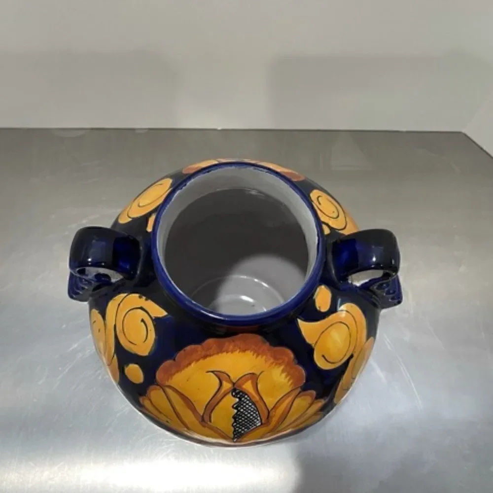 Castillo Hecho En Mexico Handmade Handled Urn Pot Red Clay Cobalt Yellow Flowers
